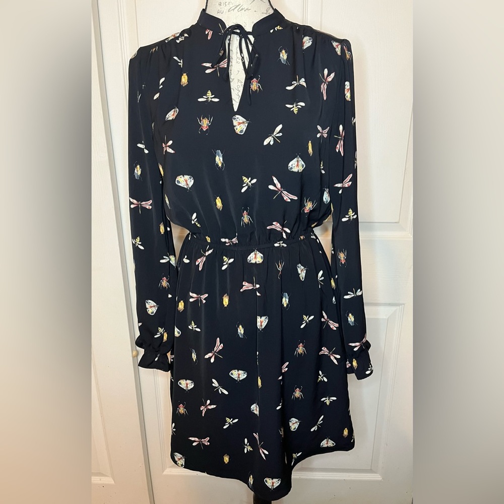 H&M Womens Dress Size 4 Black Long Sleeve Pullover Bugs Butterfly Bees Dragonfly
